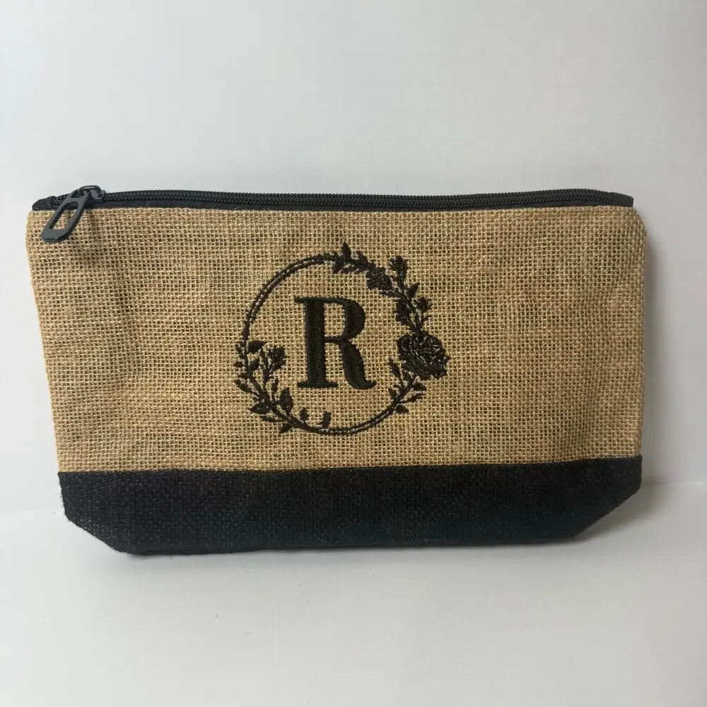 Makeup Bag Jute Cosmetic Pouch Gift Travel Case Monogram Initial R NEW